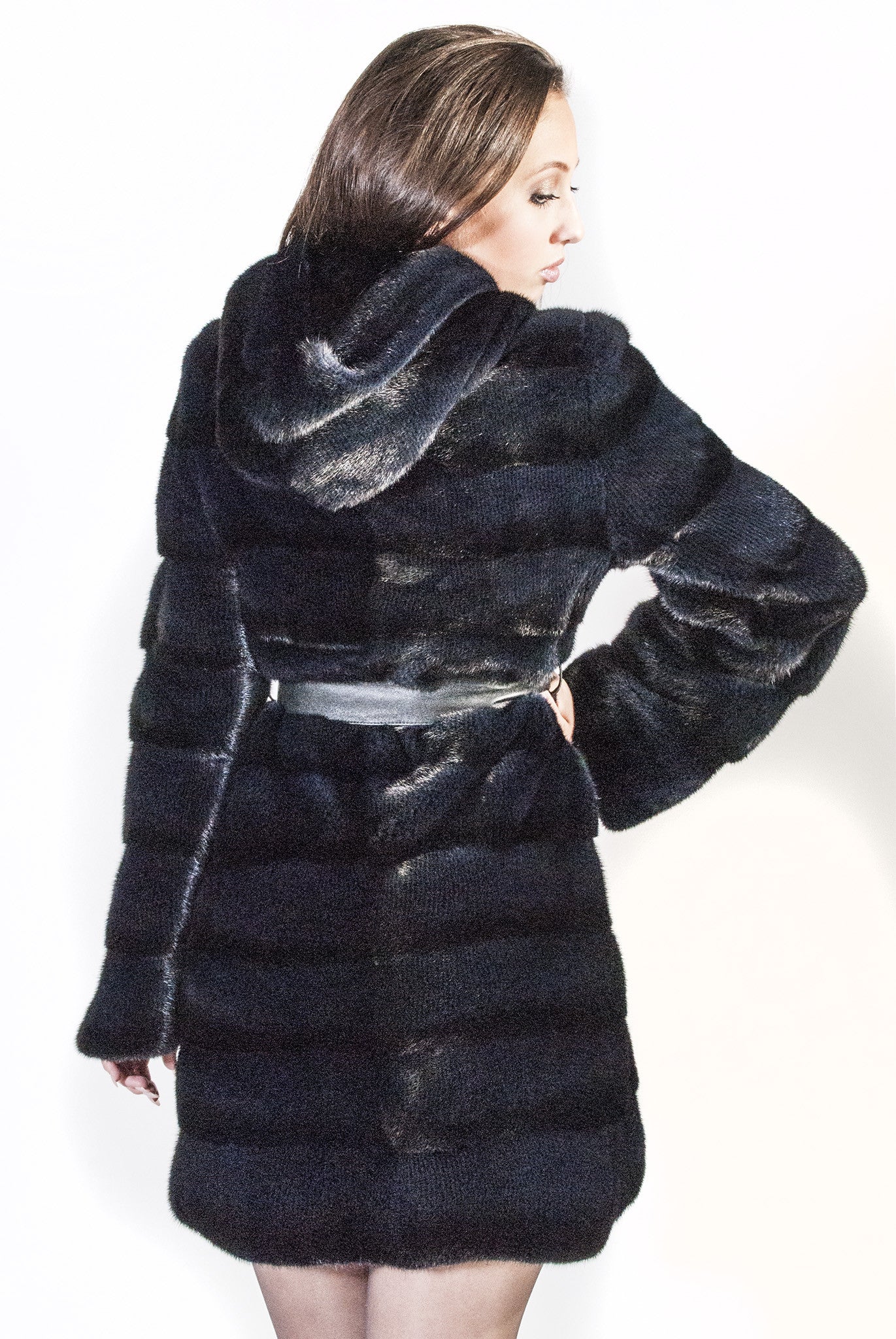 Knee Length Blue-Black Belted Sheared Mink Jacket - alexandros-furs